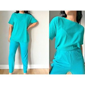 Vintage green leisure suit pant set knit retro casual comfy pajama vacation‎ XS